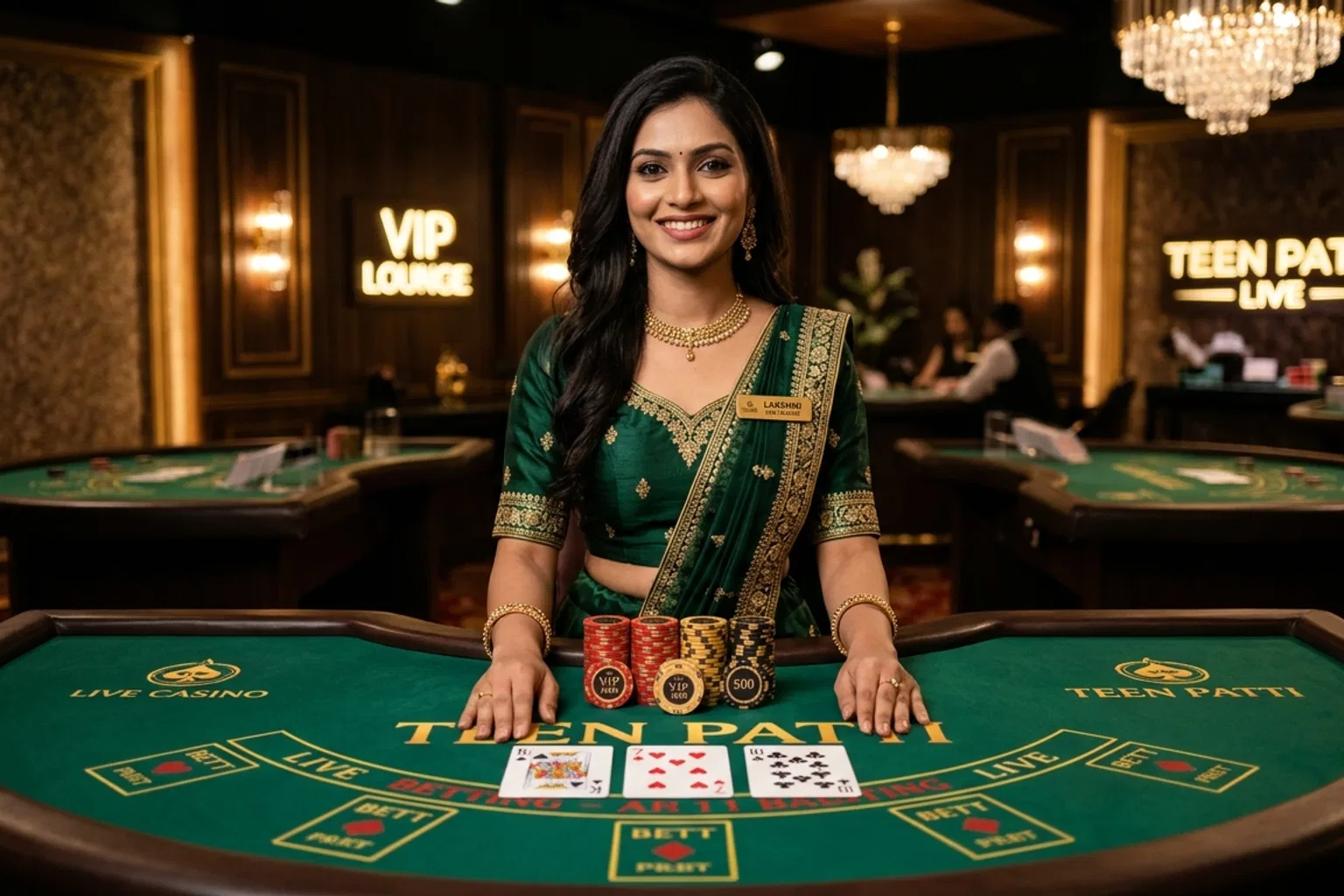 Live dealer Teen Patti card table with three cards face up and casino chips